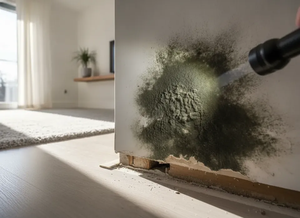 Black mold on drywall behind a baseboard